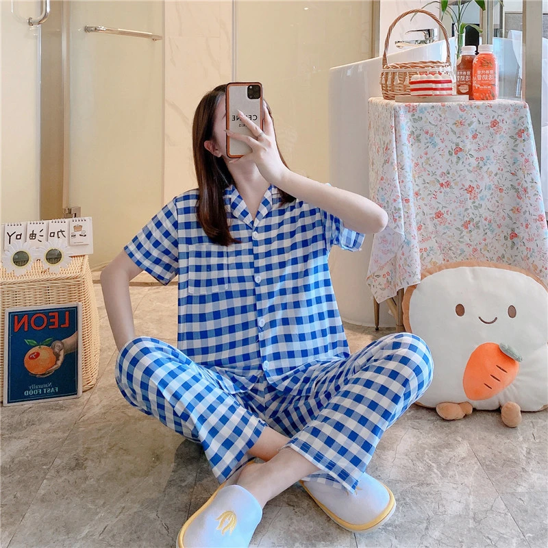 Wholesale Custom Spring Summer Short Sleeve Leisure Cute Teen Girls Sleepwear Cardigan Women Pajamas Set