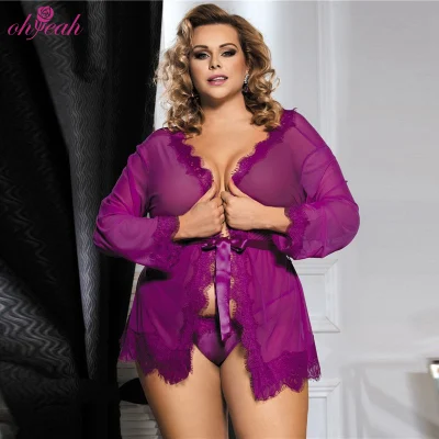 Roupa de dormir feminina plus size sexy de renda roxa translúcida