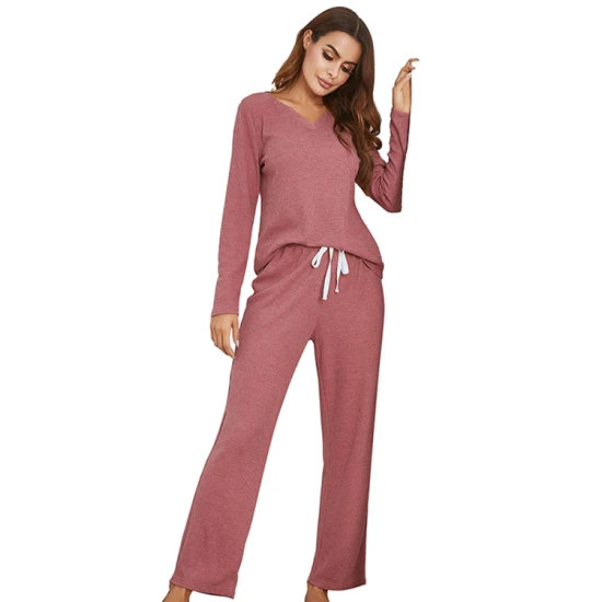 Roupa de dormir feminina outono inverno manga longa decote em V conjunto de pijamas de duas peças