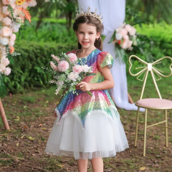 Roupas de grife infantil brilhante roupas arco-íris de manga curta para menina vestido de festa