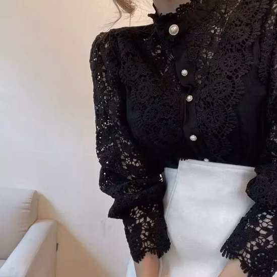Novidades Primavera Moda Casual Bordado Blusa Feminina de Renda Camisa de Manga Longa