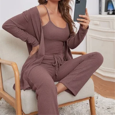 Venda imperdível pijama robe de três peças roupa de dormir feminina casual