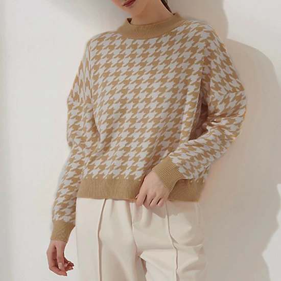 Suéter de manga bufante estilo novo outono e inverno suéter feminino estilo curto vestido xadrez nogueira
