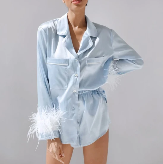 2022 conjunto de pijama de manga comprida personalizado por atacado de cor sólida conjunto de roupa de dormir de seda sexy para mulheres