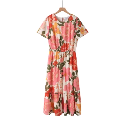 Vestido floral de manga curta com decote redondo e botões nas costas