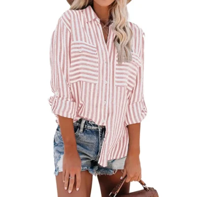 Blusas femininas de linho algodão streetwear vintage plus size com estampa de pássaros casual listrada manga longa camisas soltas